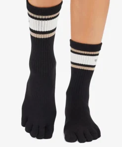 ToeSox Full Toe Crew Grip Socks - Oat Stripe